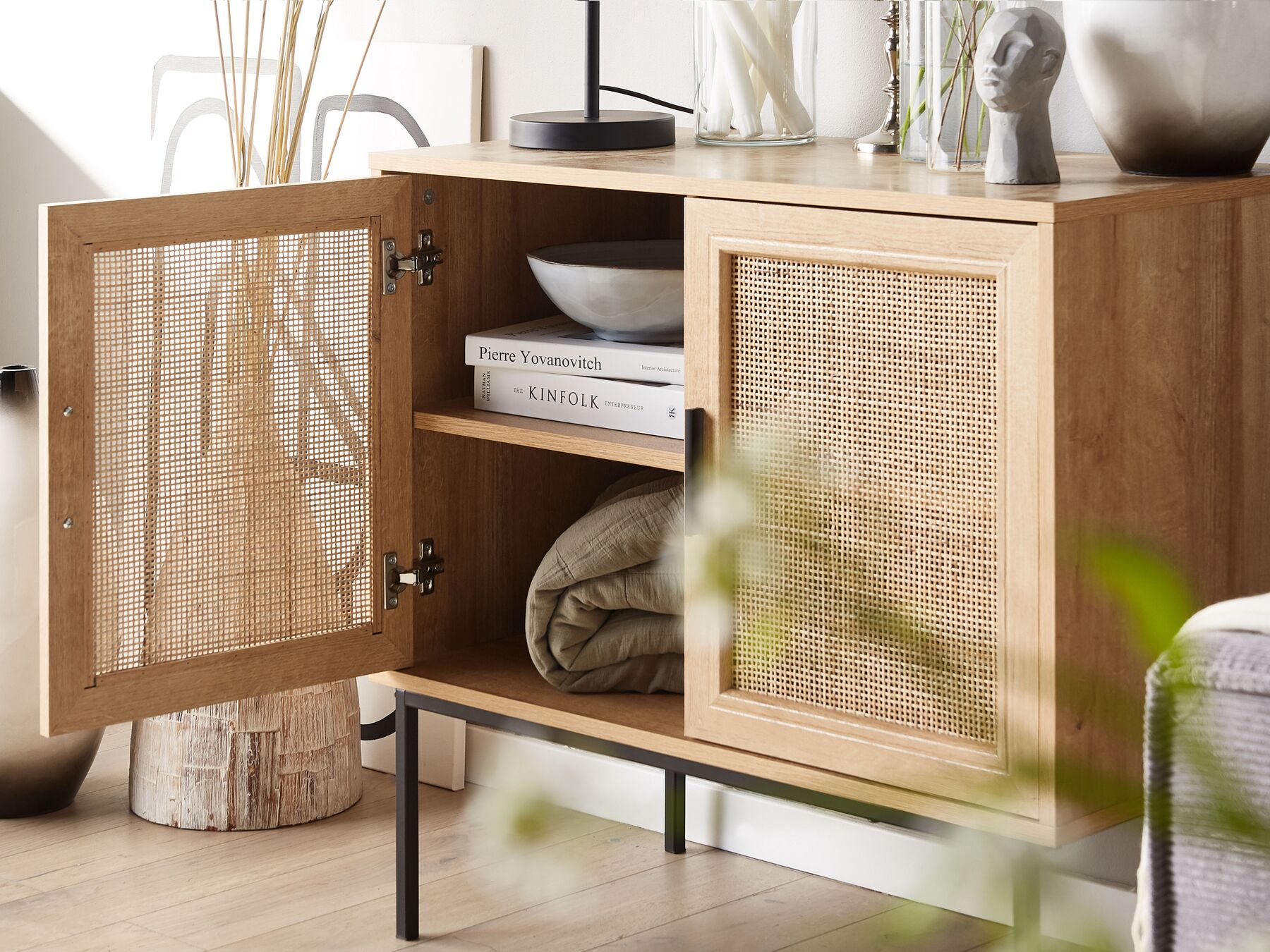 Oak Rattan Sideboard with Metal Legs – Sugar Apple