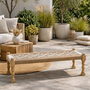 woven oak bench with carved legs natural wood patio entryway bench