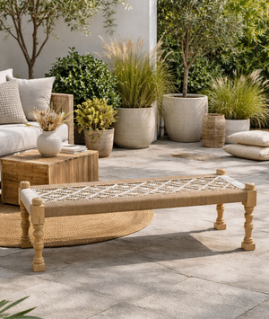 woven oak bench with carved legs natural wood patio entryway bench