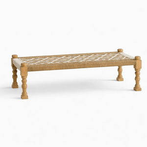 Oak Carved Woven Bench – Natural Wood Entryway & Patio Seat