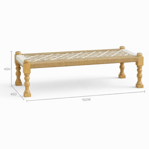 Oak Carved Woven Bench – Natural Wood Entryway & Patio Seat