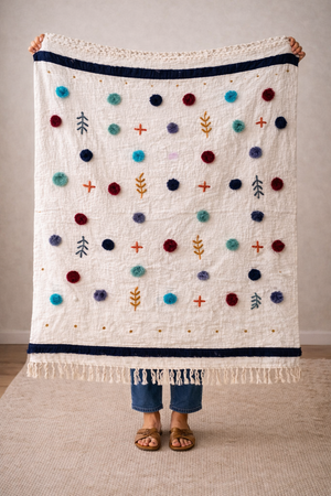 Cream Pom Pom Cotton Kids Bed Throw Blanket.