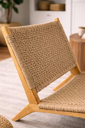 Scandinavian Oak & Woven Cord Lounge Chair – Modern Low Accent Chair for Living Room & Patio