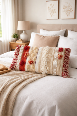 Decorative pillows with floral patterns on a bed in a bedroom setting.