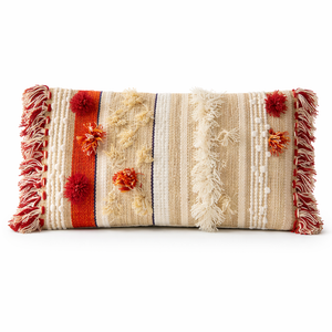 Decorative pillow with striped pattern and floral embellishments on a white background