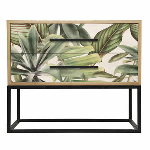 Tropical Leaf Oak Bedside Table with Metal Frame – 2 Drawer