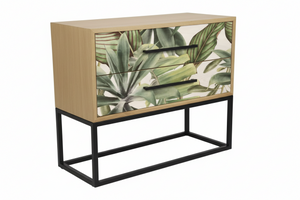 Tropical Leaf Oak Bedside Table with Metal Frame – 2 Drawer