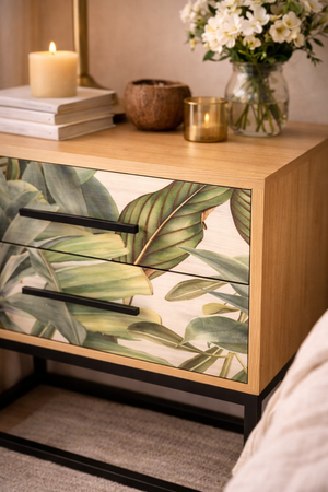 Tropical Leaf Oak Bedside Table with Metal Frame – 2 Drawer