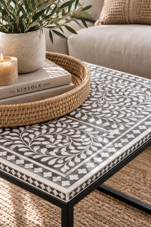 Handcrafted Bone Inlay Coffee Table – Black Steel Frame | Kalahari Collection