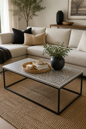 Handcrafted Bone Inlay Coffee Table – Black Steel Frame | Kalahari Collection