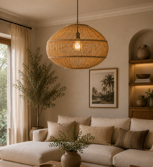 Natural Rattan Pendant Light – Handwoven Wicker Ceiling Shade 60 x 40cm