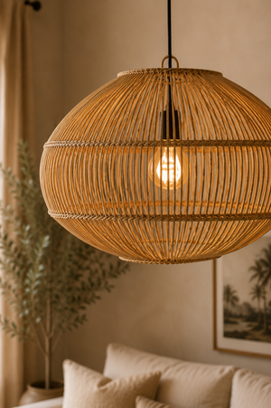 Natural Rattan Pendant Light – Handwoven Wicker Ceiling Shade 60 x 40cm
