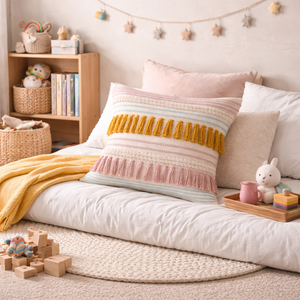 Children's bedroom with a bed, pillows, and toys on a light wooden floor.
