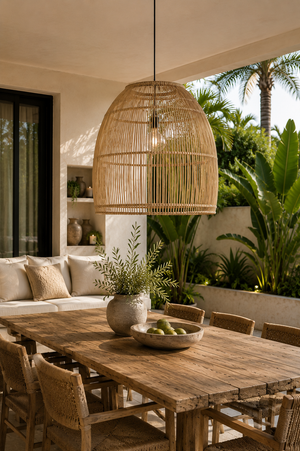 A large woven rattan pendant light hangs over a rustic wooden dining table in an outdoor patio setting with chairs, a sofa, and lush green plants.