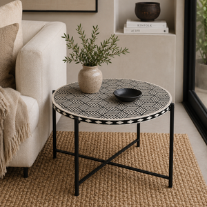 Handcrafted Geometric Bone Inlay Side Table | Black & Ivory Accent Table
