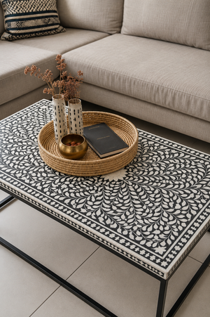 Handcrafted Bone Inlay Coffee Table – Black Steel Frame | Kalahari Collection