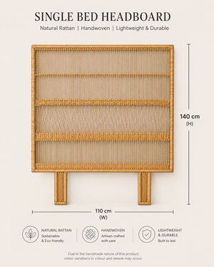 Natural Rattan Single Bed Headboard – Handwoven Cane Design | 110cm W x 140cm H