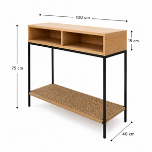 Console table with a light wood top and lower shelf, black metal legs, and a woven rattan-style lower shelf, shown with dimension lines and text indicating measurements of 75 cm height, 100 cm width, and 40 cm depth.