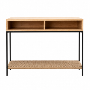 A modern console table with a light natural wood top, two open upper cubbies, a woven natural fiber lower shelf, and a black metal frame, shown against a plain white background.