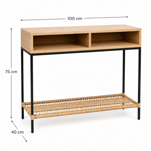 Console table with a light wood top and lower shelf, black metal legs, and a woven rattan lower shelf, shown with dimension lines and text indicating measurements of 100 cm width, 75 cm height, and 40 cm depth.