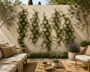 Outdoor patio seating area with a cream wall covered in black hexagonal trellis and climbing greenery, a beige sofa with woven pillows on the left, a matching chair on the right, and potted plants including lavender.