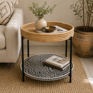Rani Handcrafted Round Bone Inlay Coffee Table | Black Metal Frame