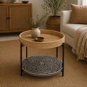 Rani Handcrafted Round Bone Inlay Coffee Table | Black Metal Frame