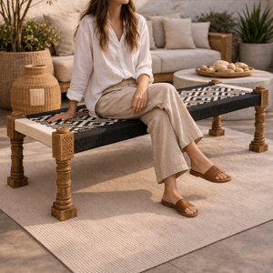 Solid teak woven bench with hand-carved Indo-African legs and natural jute seat, luxury bed-end and entryway seating