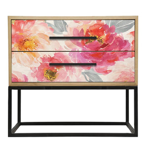 Luxury Floral Oak Bedside Table with Metal Frame – 2 Drawer Modern Nightstand